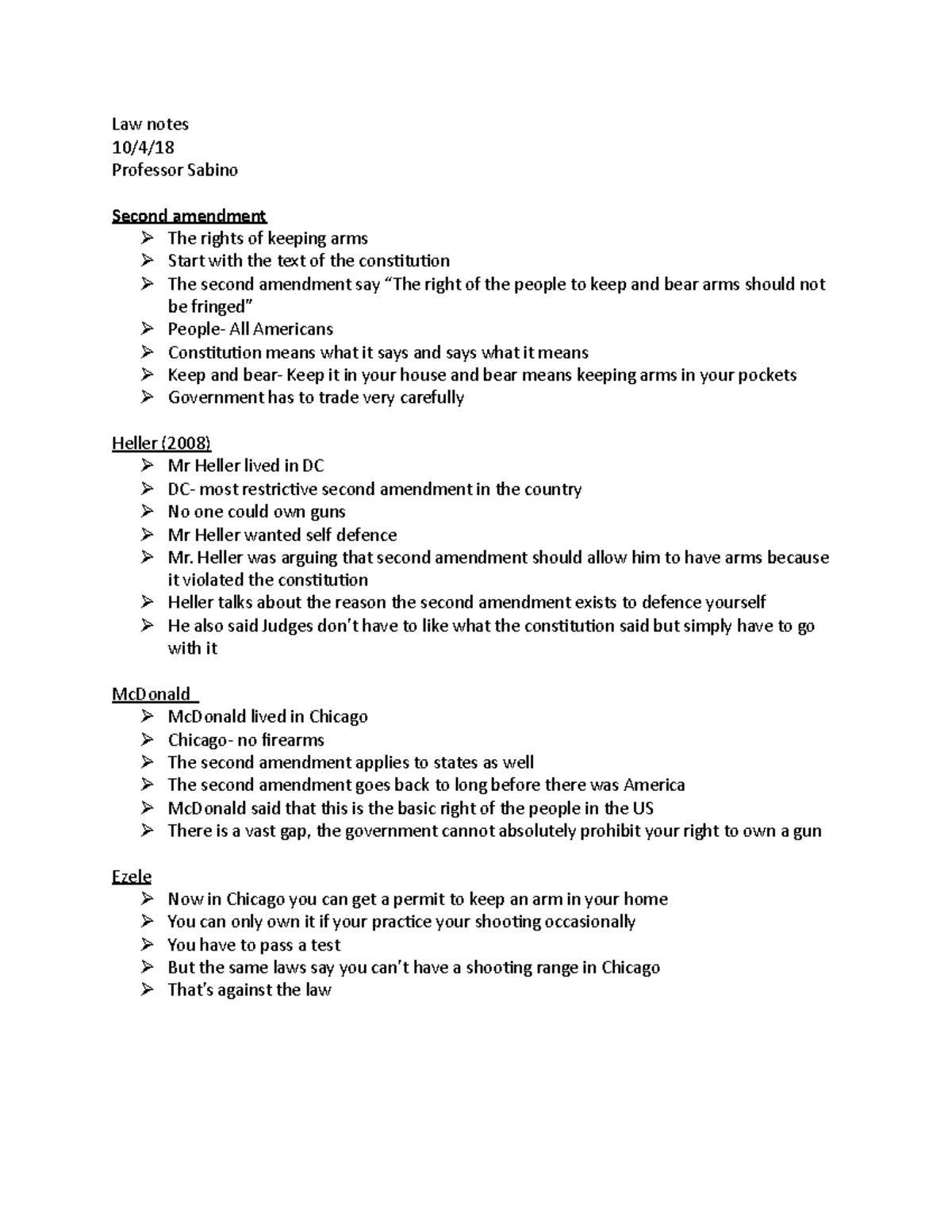 Law notes 13 - Law notes 10/4/ Professor Sabino Second amendment The ...