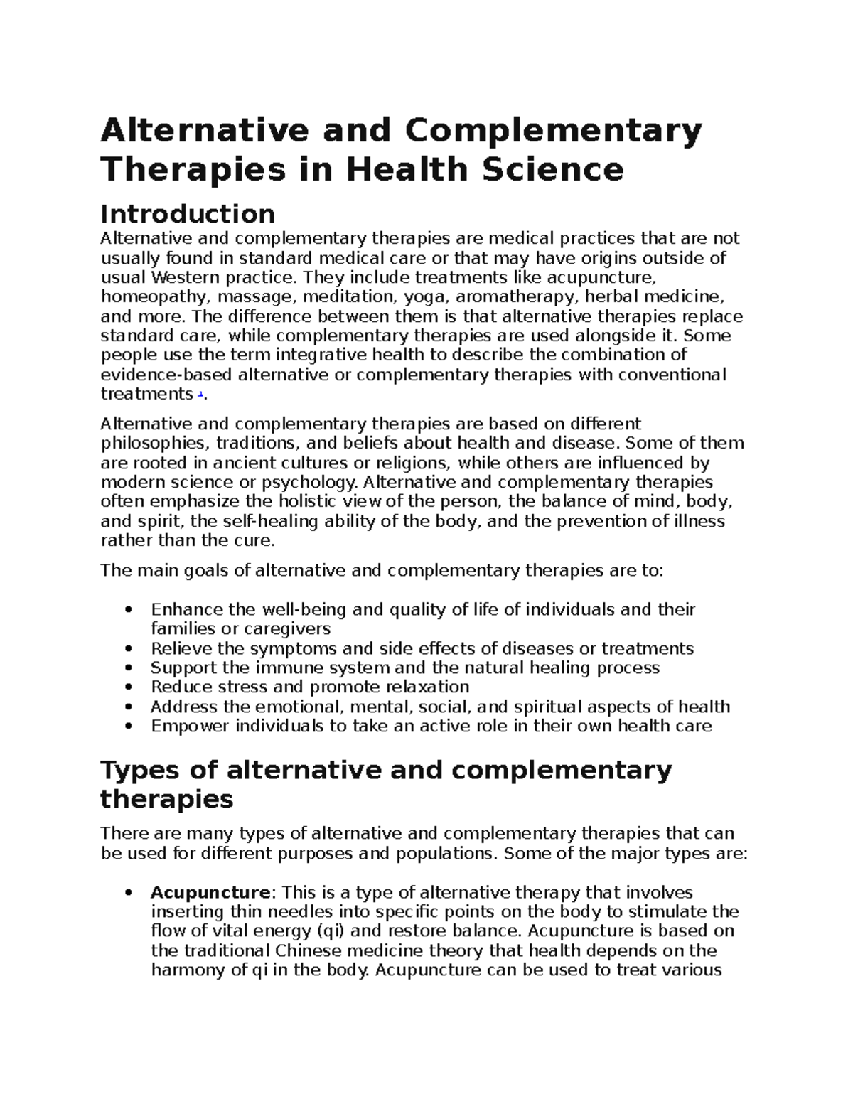 Alternative and Complementary Therapies in Health Science Alternative