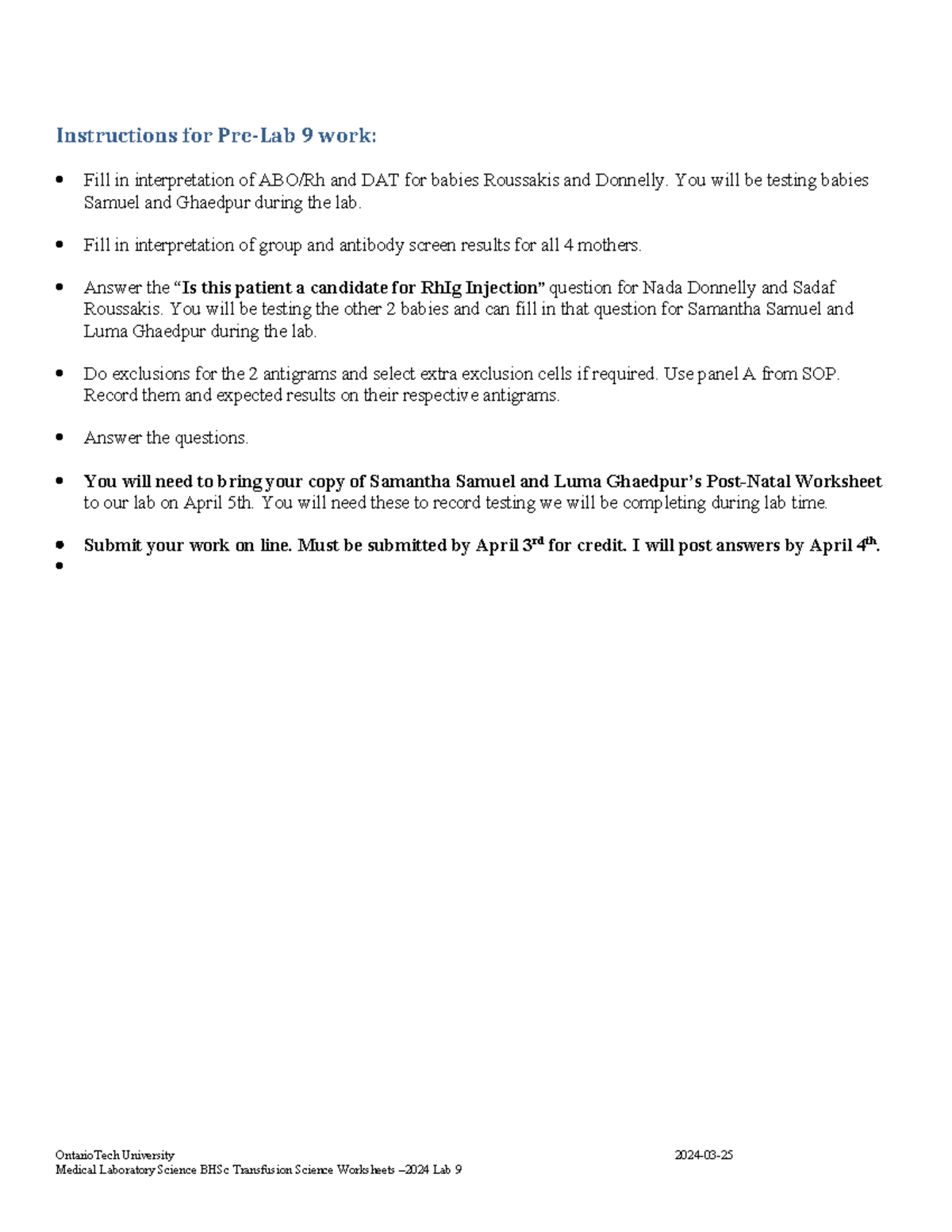 Pre Lab 9 homework - Post-Natal Screen Worksheet, Cord Blood worksheet ...