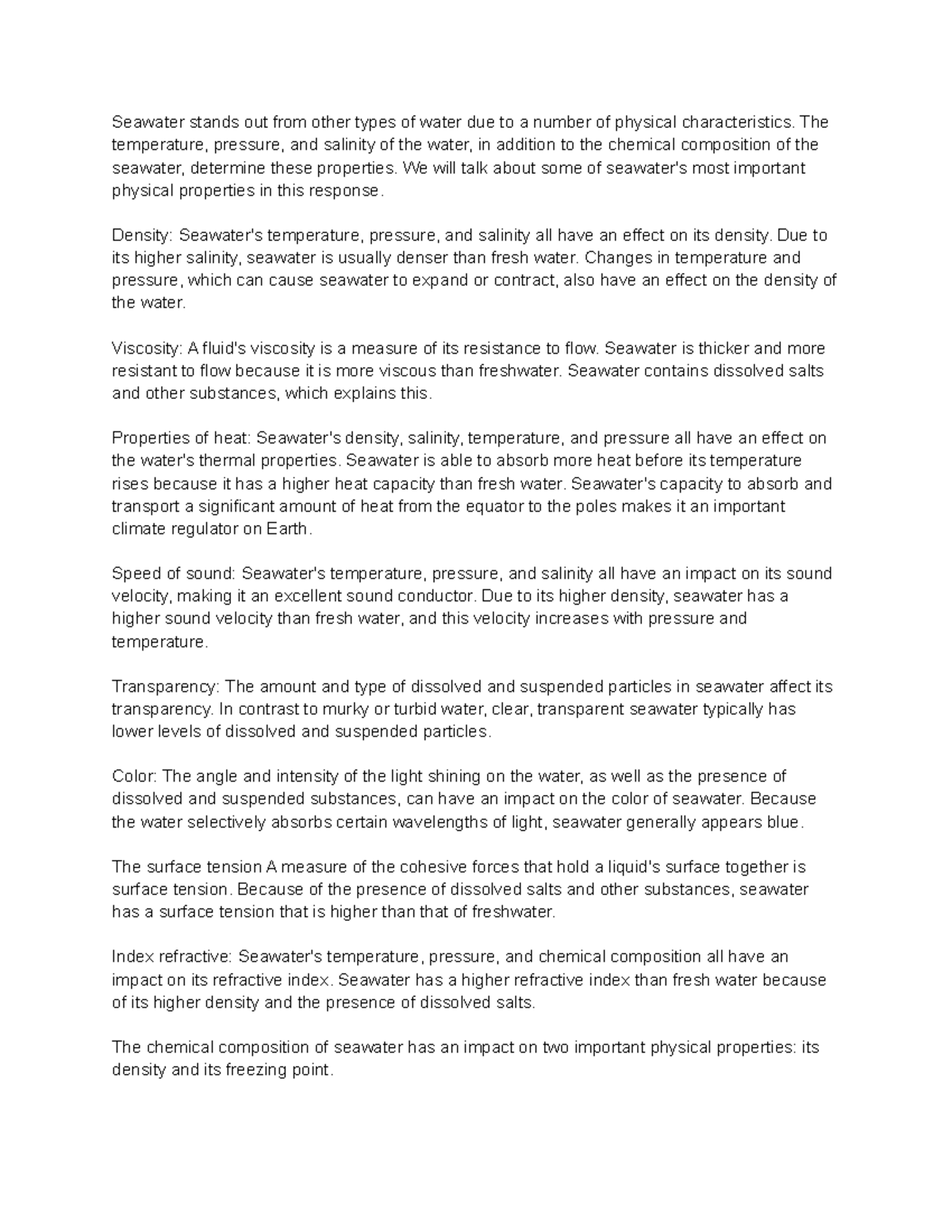 Physical properties of seawater notes Seawater stands out from other