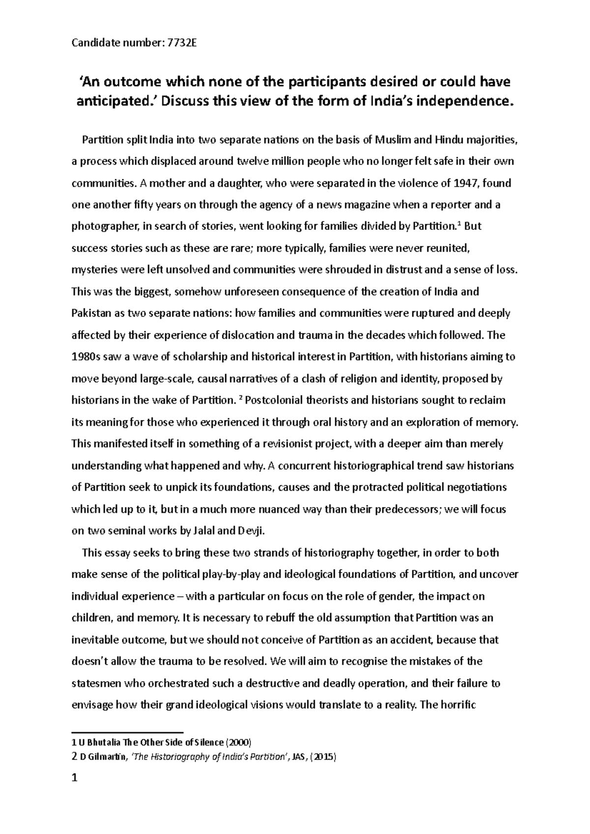 Essay about Partition for Part 1 Paper 23 of Cambridge History tripos