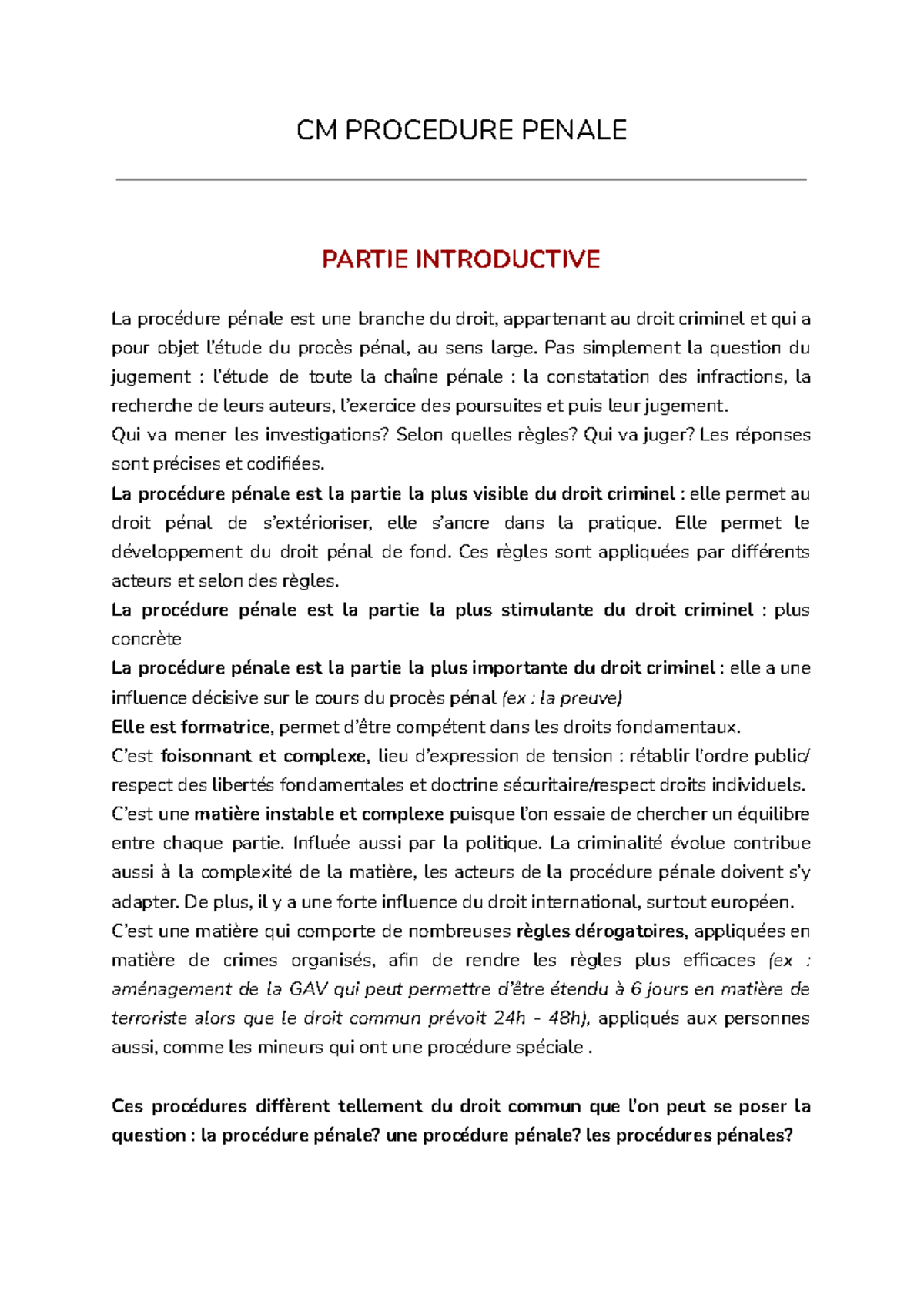 CM Procédure Pénale - CM PROCEDURE PENALE PARTIE INTRODUCTIVE La ...