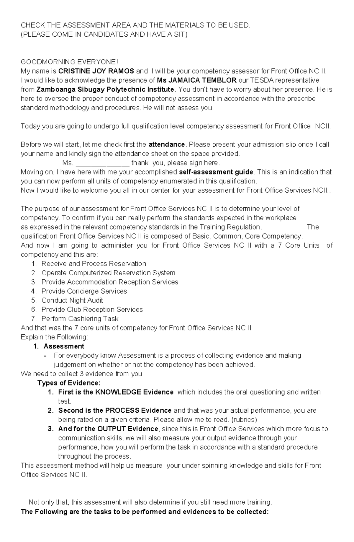 Assessor Script FOR FO NCII - CHECK THE ASSESSMENT AREA AND THE ...