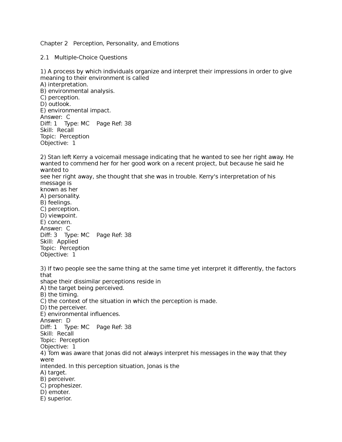 Test Bank Chapter 2 Perception Chapter 2 Perception Personality And Emotions 2 Multiple 4287