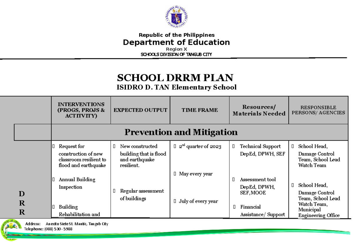 BAES School DRRM Plan safe Department of Education Region X SCHOOLS