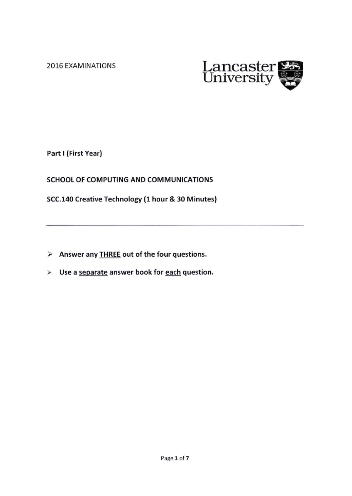SCC140 Exam 2016 - 2016 EXAMINATIONS Lancastel. Part | (First Year ...