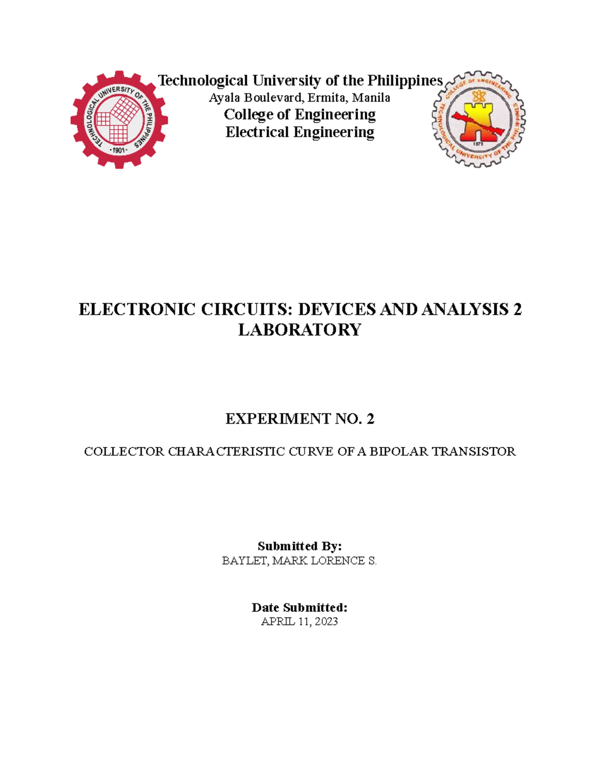 Electronics Experiment 2 Technological University Of The Philippines Ayala Boulevard Ermita Electronics Experiment 2 Technological University Of The Philippines Ayala Boulevard Ermita