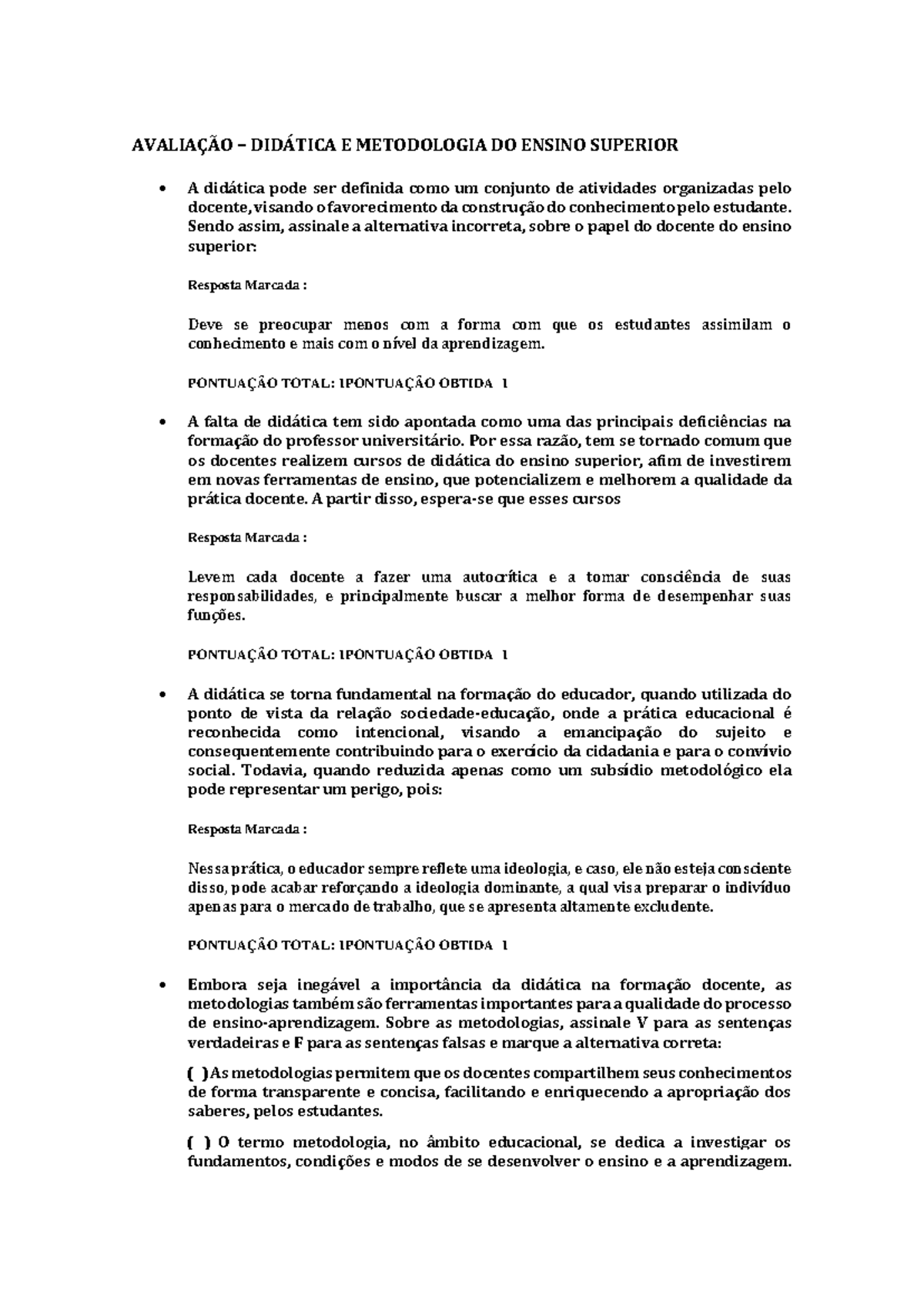 Avaliação – Didática E Metodologia DO Ensino Superior - AVALIAÇÃO ...