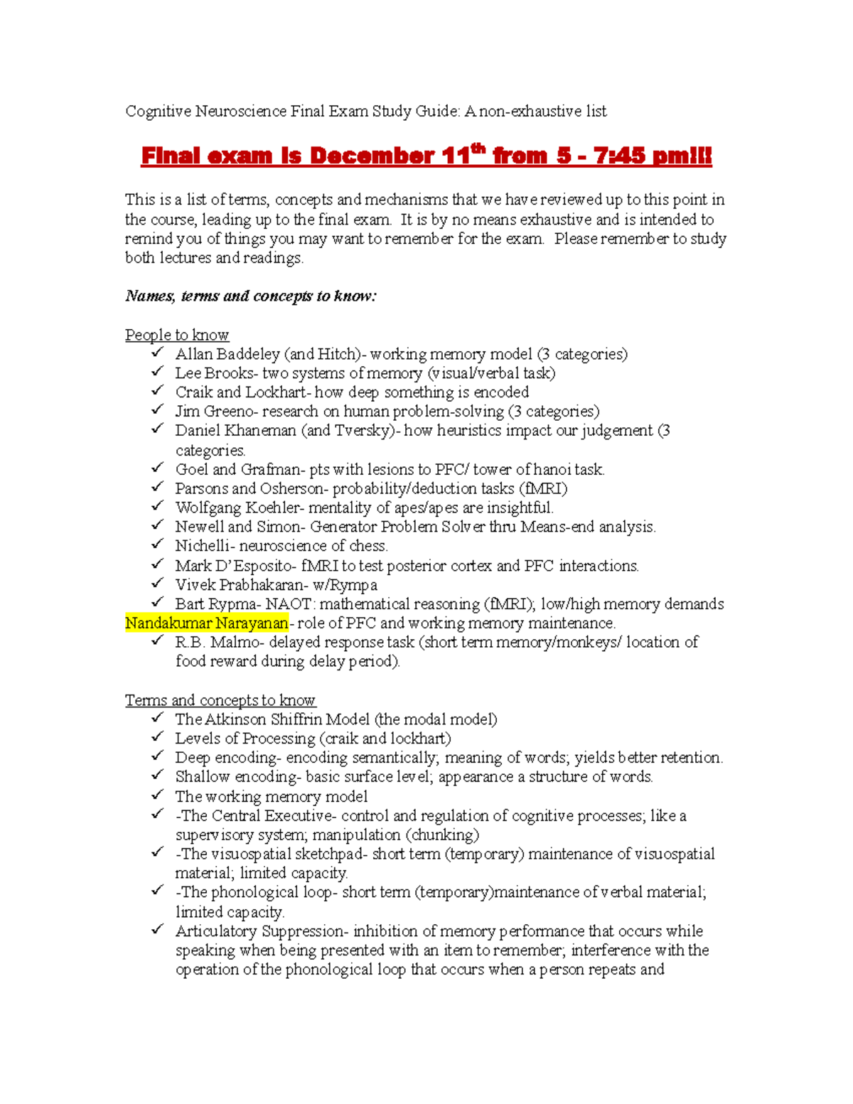 Cog Neuro Final Exam Study Guide Fall 2019 - Cognitive Neuroscience ...