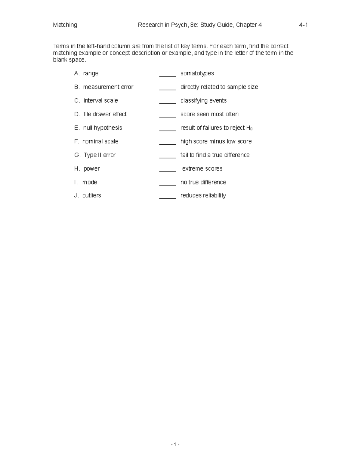 Matching - Ch 4 - Matching Research in Psych, 8e: Study Guide, Chapter ...