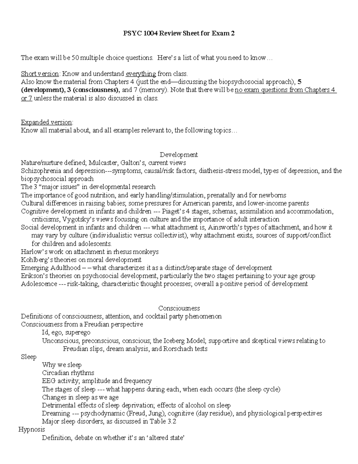 Exam 2 Review Sheet 2024 - PSYC 1004 Review Sheet for Exam 2 The exam ...