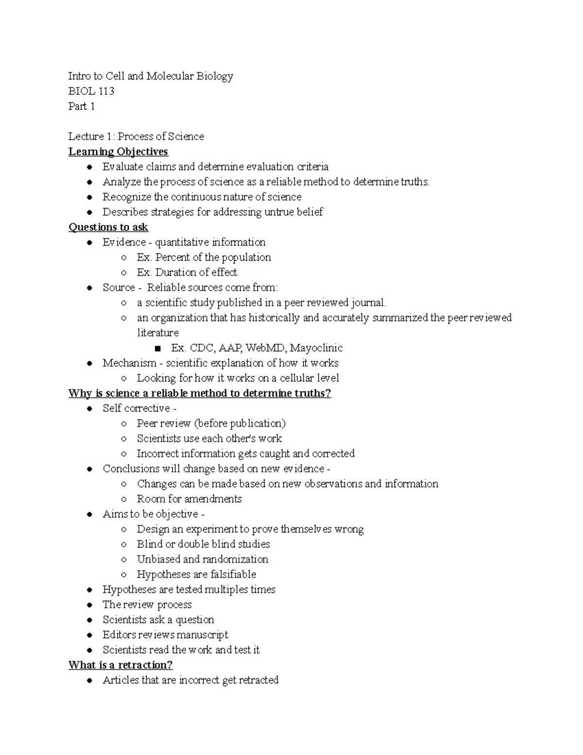 Intro To Cell And Molecular Bio 113 Lecture Notes Part 1 - Dr. Sarah ...