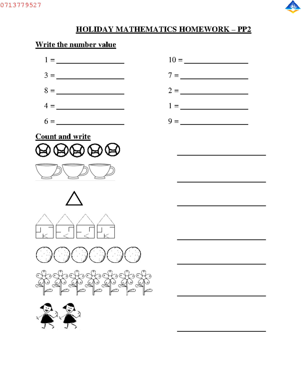 PP2 Mathematics Activities - HOLIDAY MATHEMATICS HOMEWORK – PP 2 Write ...
