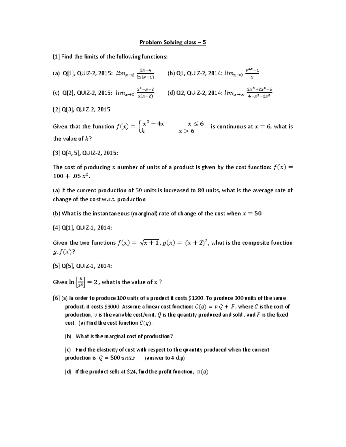 FINC102 Problem Solving Class - 5, 2020 - Problem Solving class – 5 [1 ...