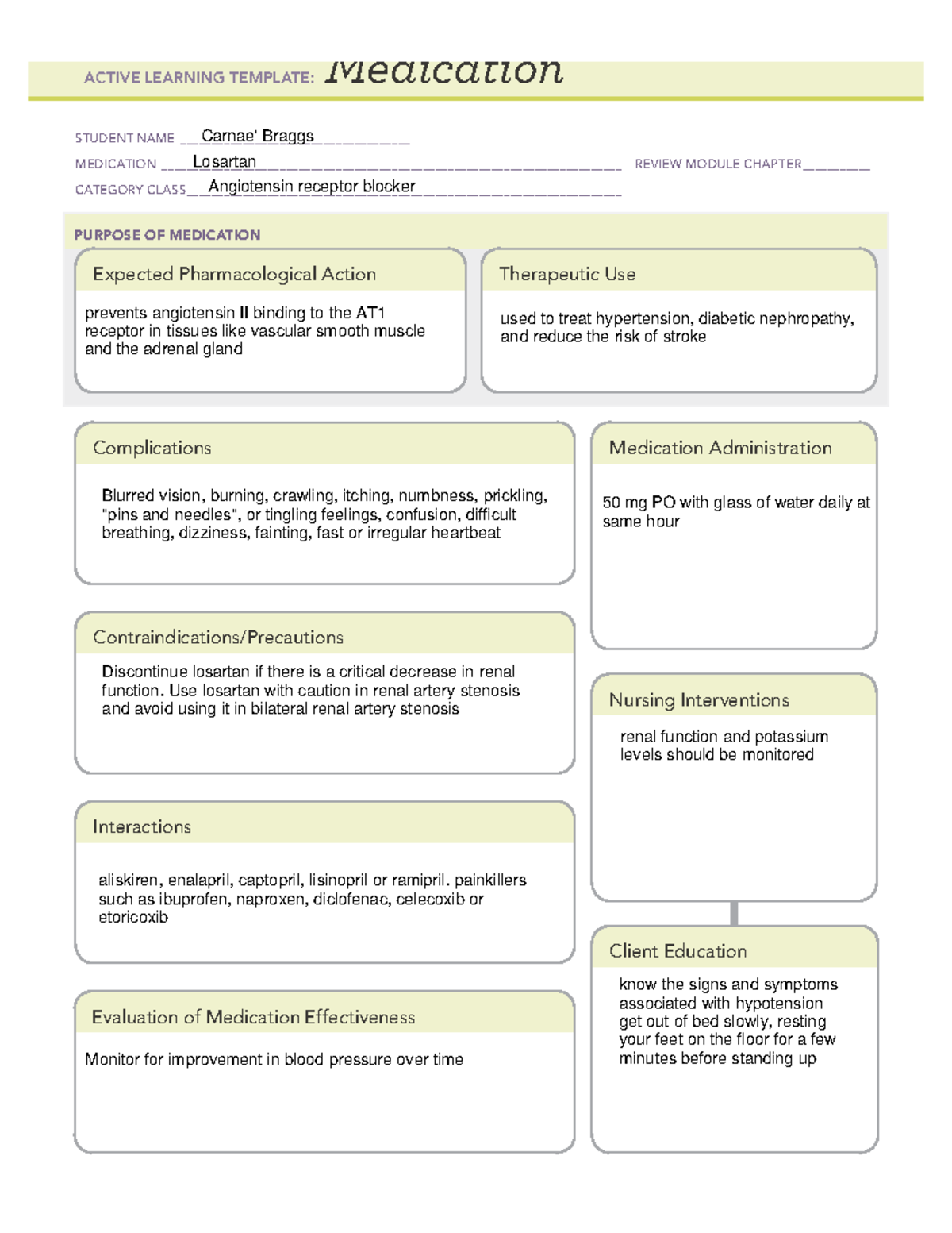 Carnae' Braggs losartan WK3 - ACTIVE LEARNING TEMPLATES THERAPEUTIC ...