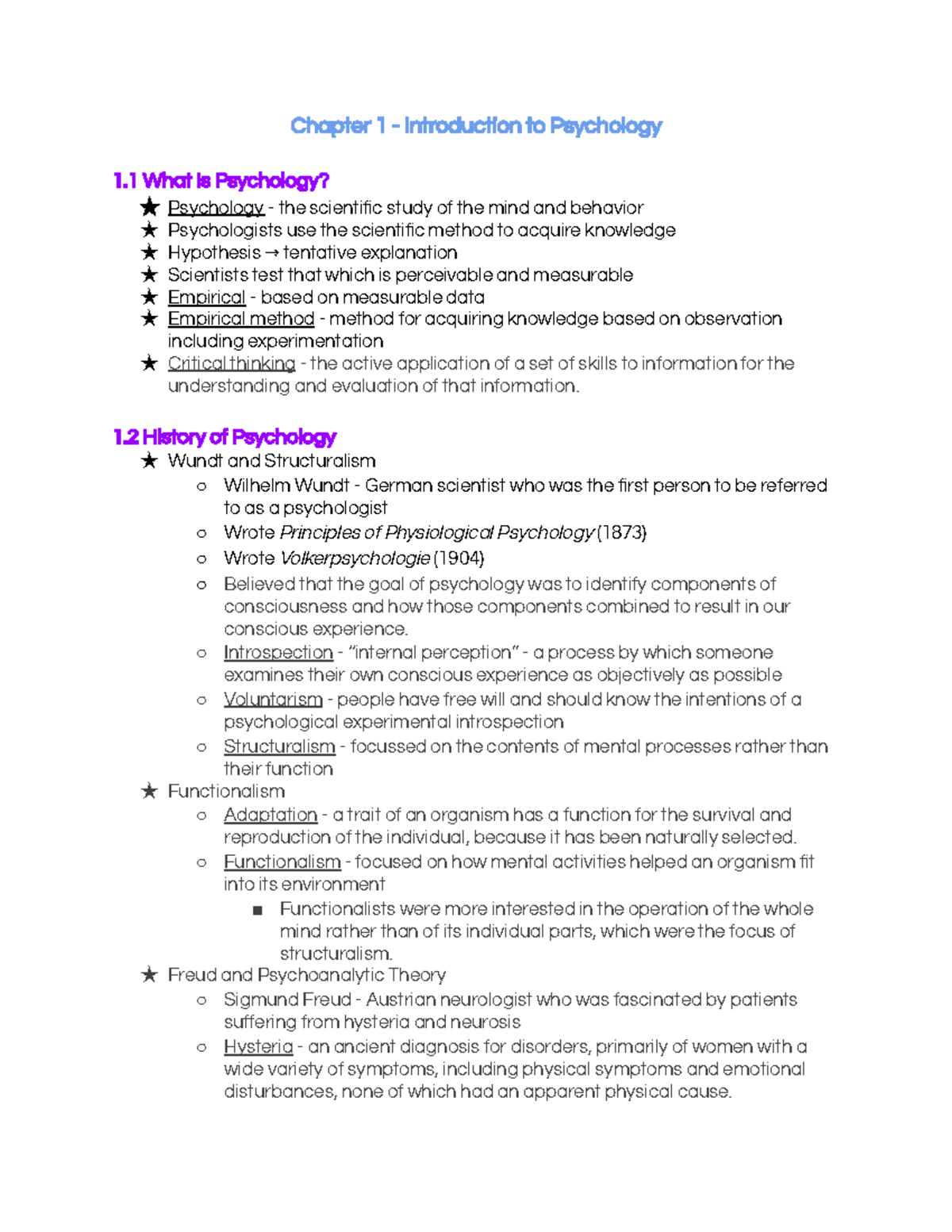 Chapter 1 Notes - Chapter 1 - Introduction to Psychology 1 What is ...