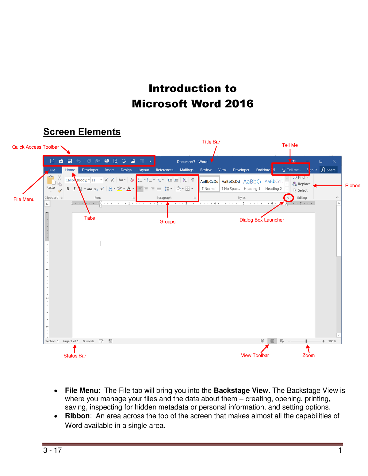 Introduction To Word 2016 3 17 1 Introduction To Microsoft Word 2016 Screen Elements File 6034