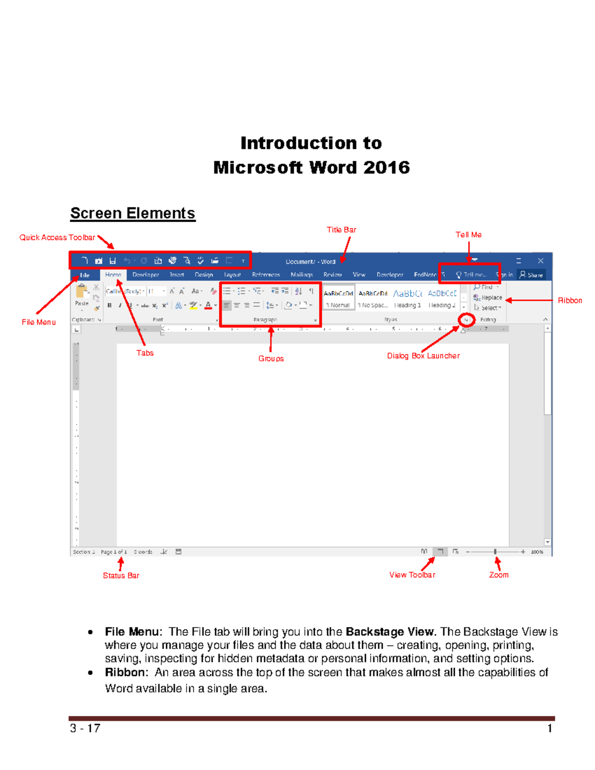 Introduction To Word 2016 3 17 1 Introduction To Microsoft Word 2016 Screen Elements File 6034