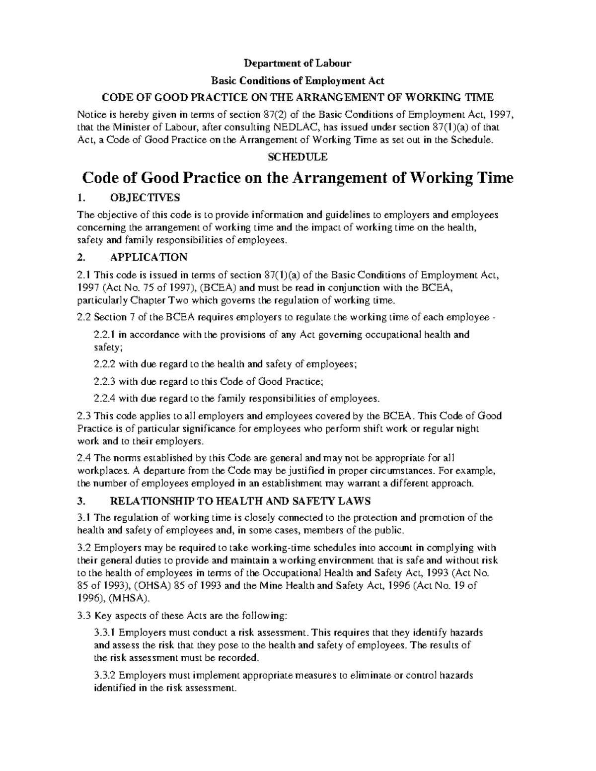 Code of Good Practice on the Arrangement of Working Time - SCHEDULE ...