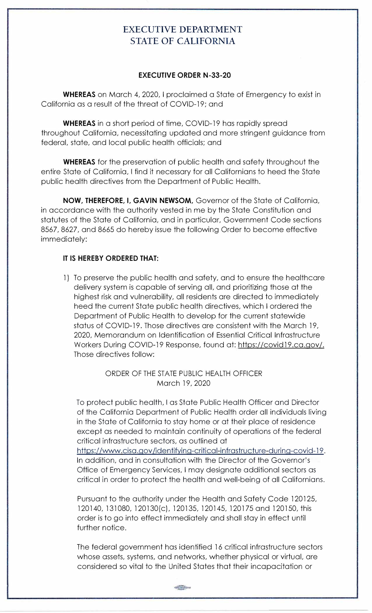 Executive Order N 33 20 ba ba EXECUTIVE DEPA RTMENT STATE OF