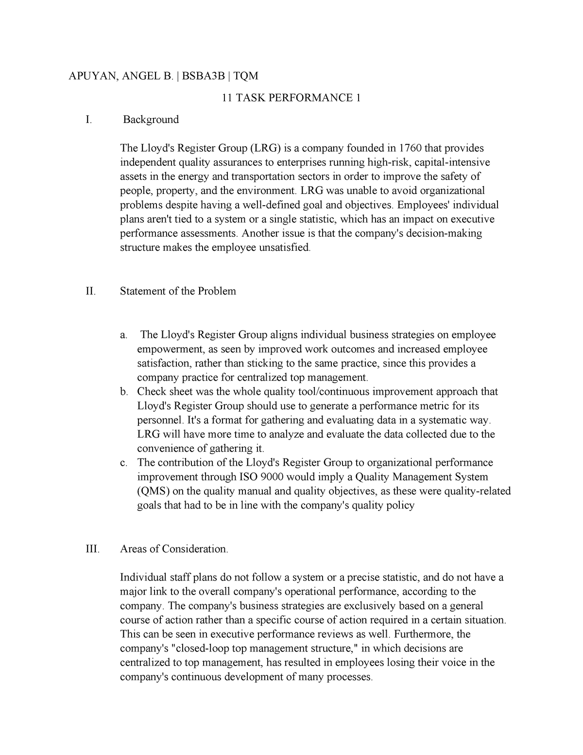 TP1 Apuyan Tqm - Task Performance - APUYAN, ANGEL B. | BSBA3B | TQM 11 ...