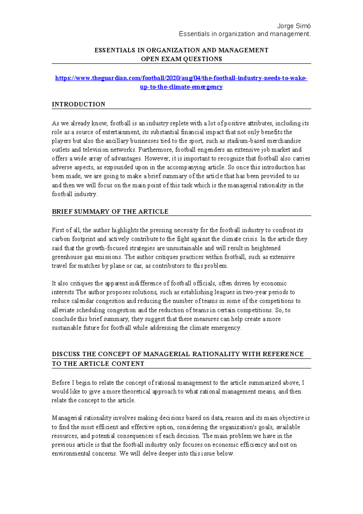 Assignment 1 Essentials IN Organization AND Management - Jorge Simó ...