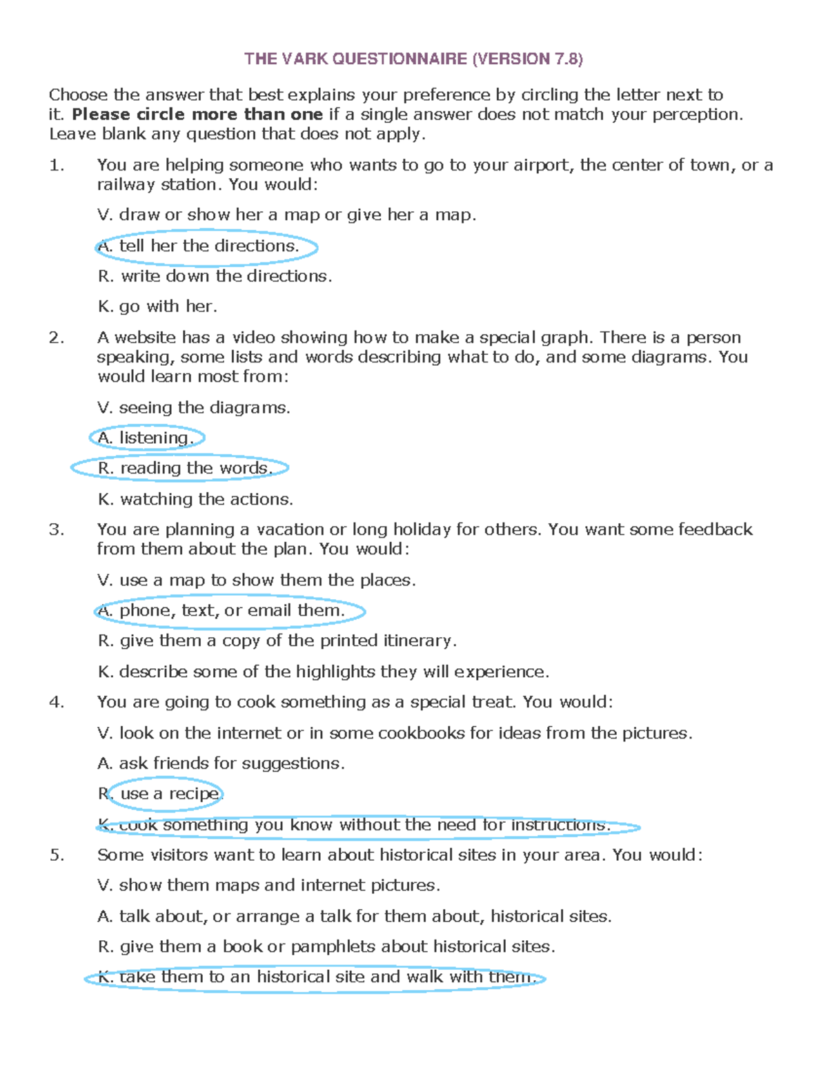 IDkqywdbsybhwshdhey - THE VARK QUESTIONNAIRE (VERSION 7) Choose the ...