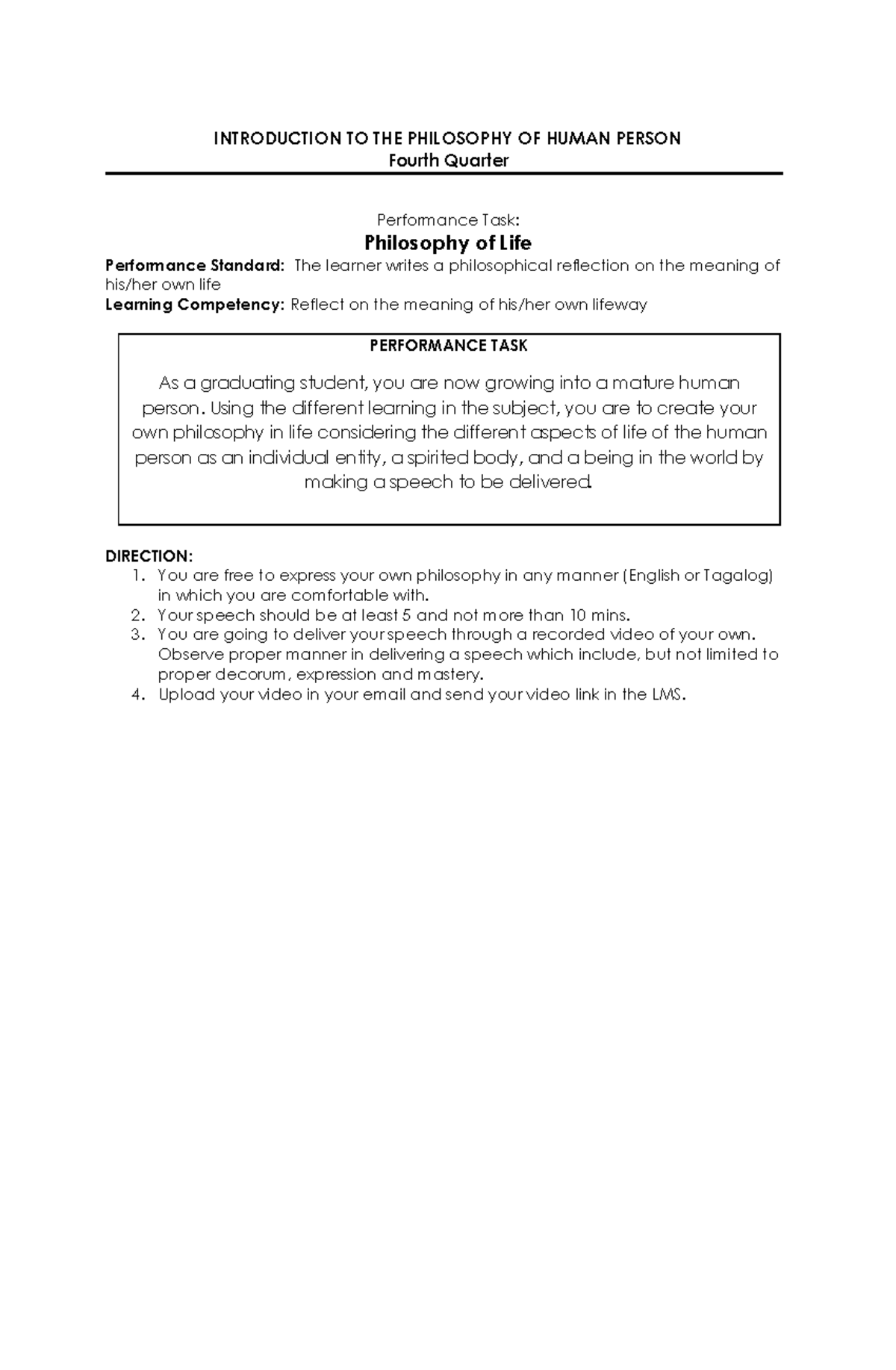Philo - Exam - INTRODUCTION TO THE PHILOSOPHY OF HUMAN PERSON Fourth ...
