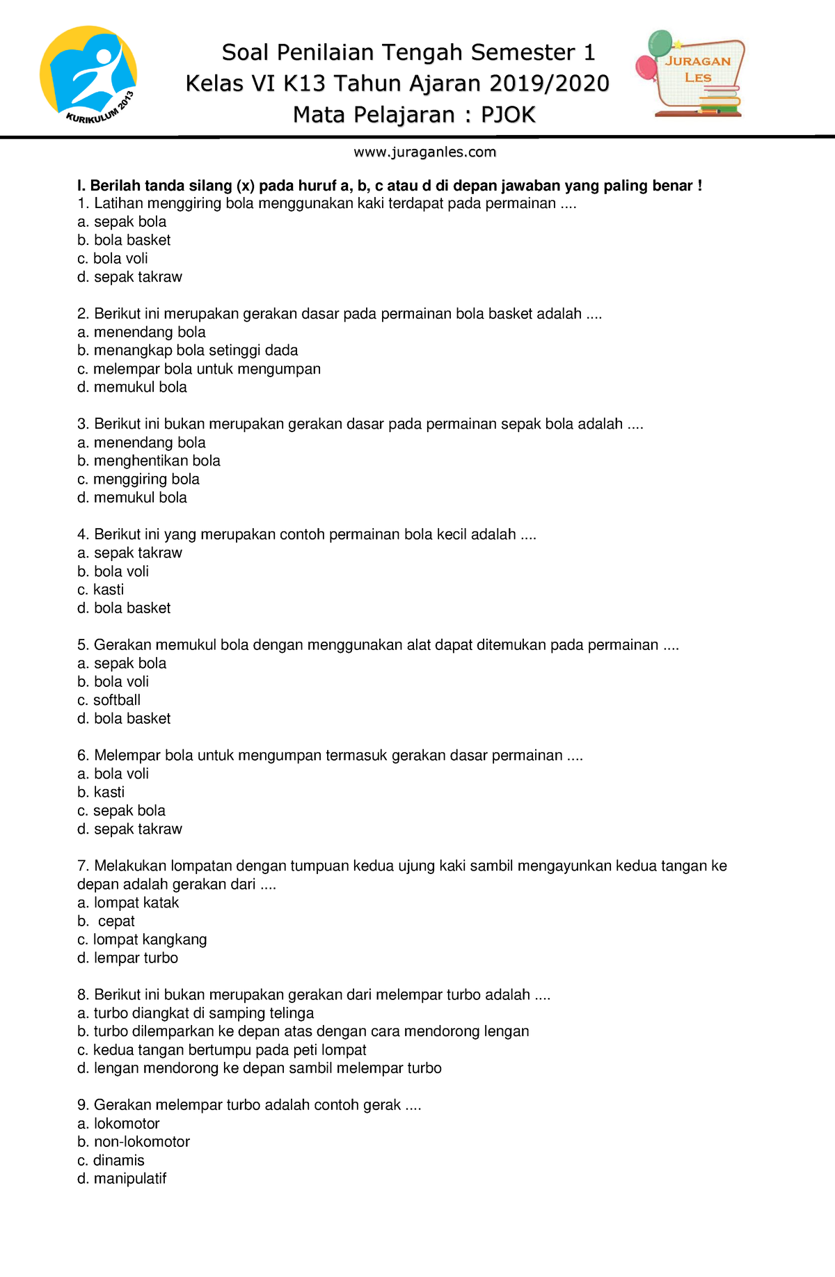 Soal PTS-UTS PJOK Kelas 6 Semester 1 2019-2020 - Soal Penilaian Tengah ...