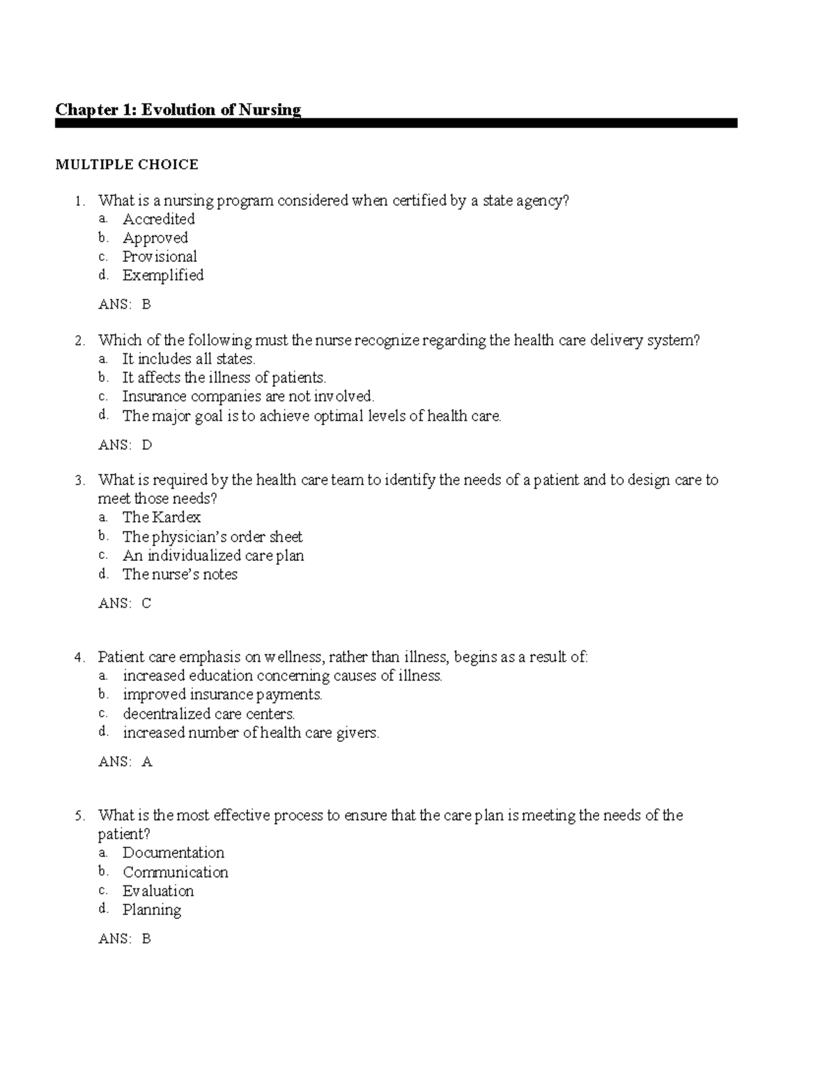 Evolution of nursing - questions to exam - Chapter 1: Evolution of ...