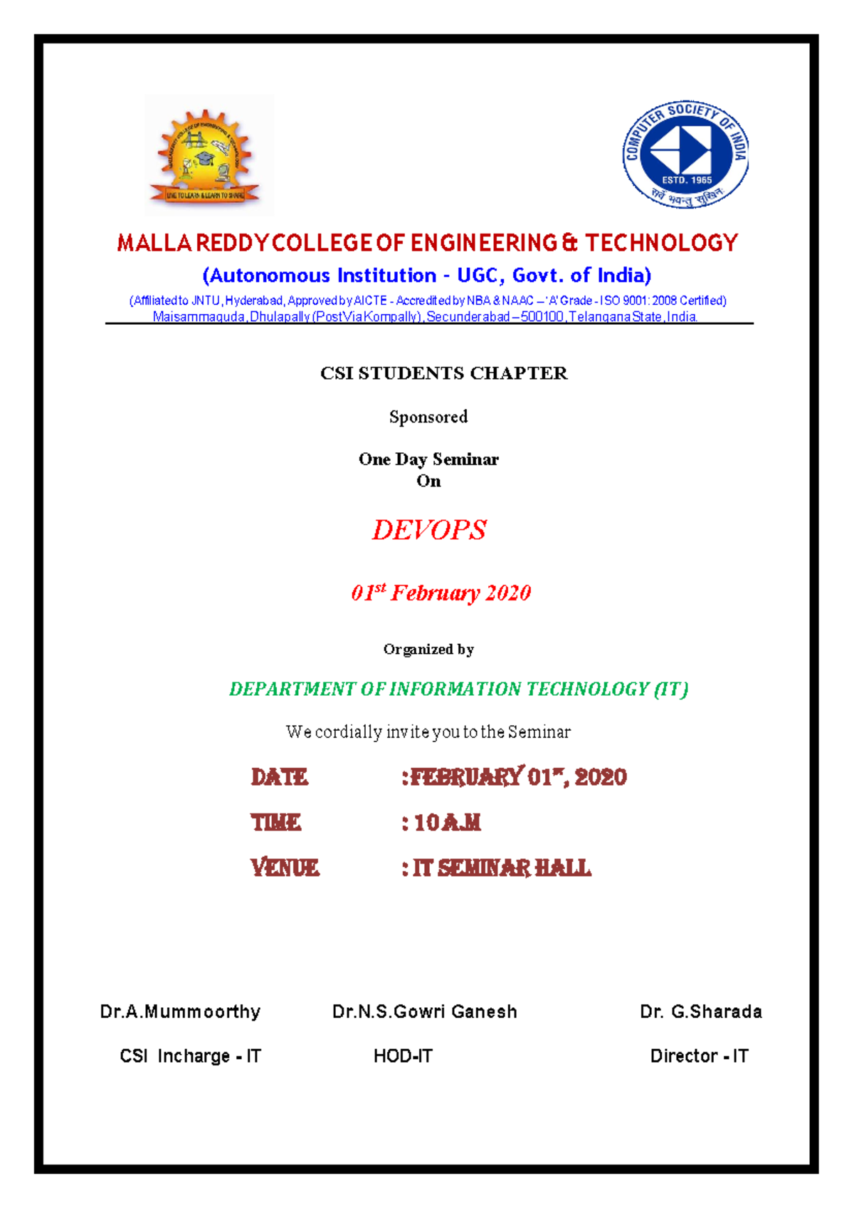 Csi Student Chapter” Seminar On Devops At It, Mrcet On 1022020 - Malla 