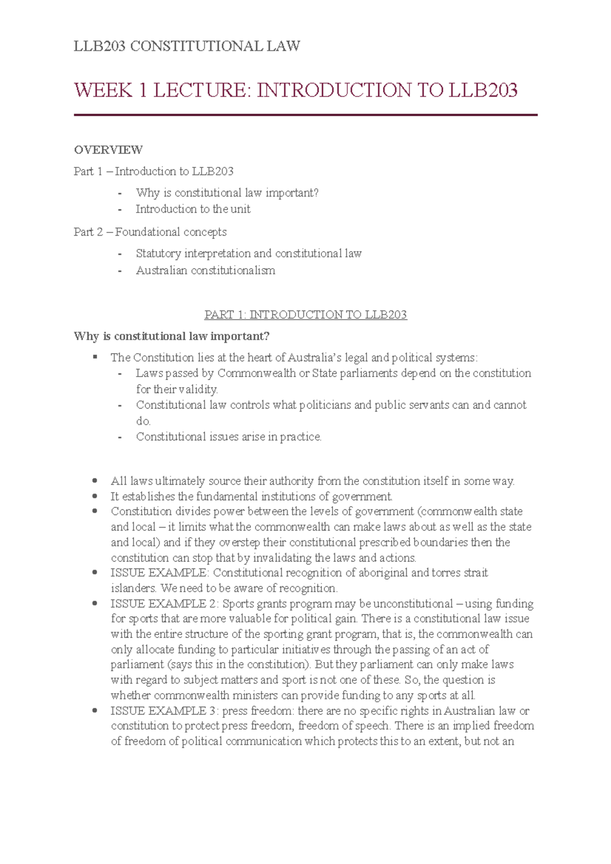 LLB203 Consitutional law lecture notes - LLB203 CONSTITUTIONAL LAW WEEK ...