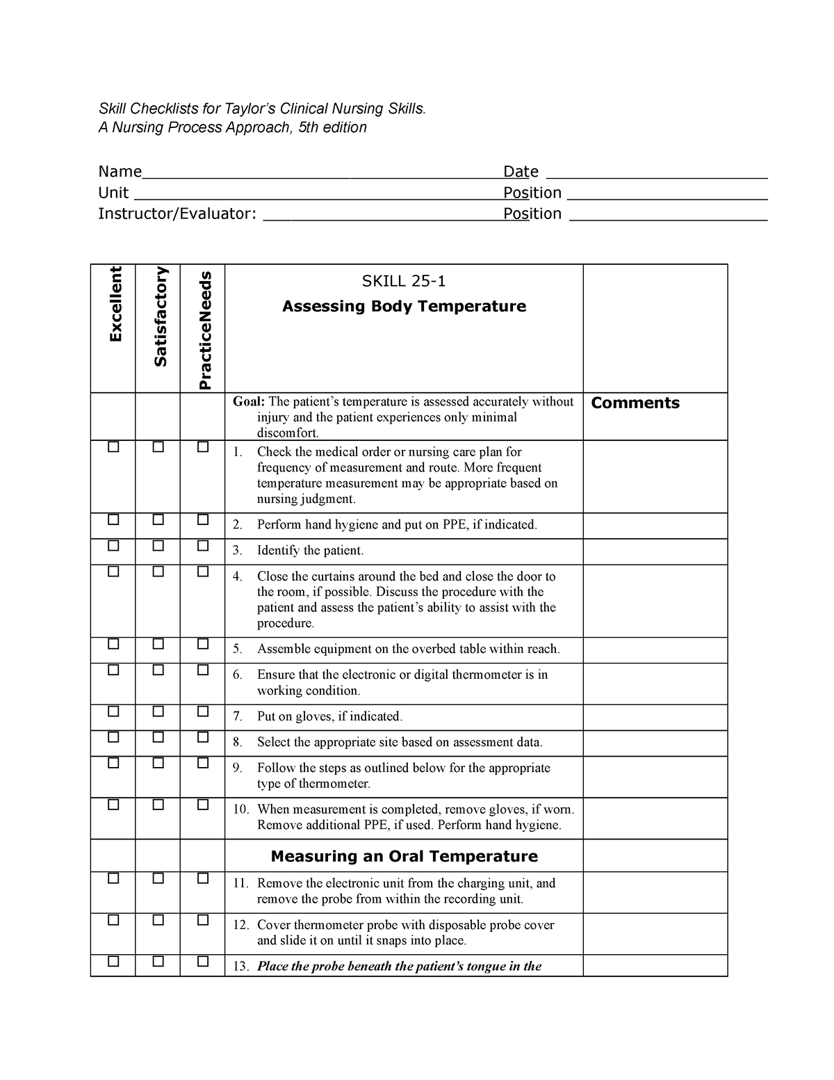 Skill Checklist For Assessing Body Temperature Skill Checklists For Taylors Clinical Nursing 6314
