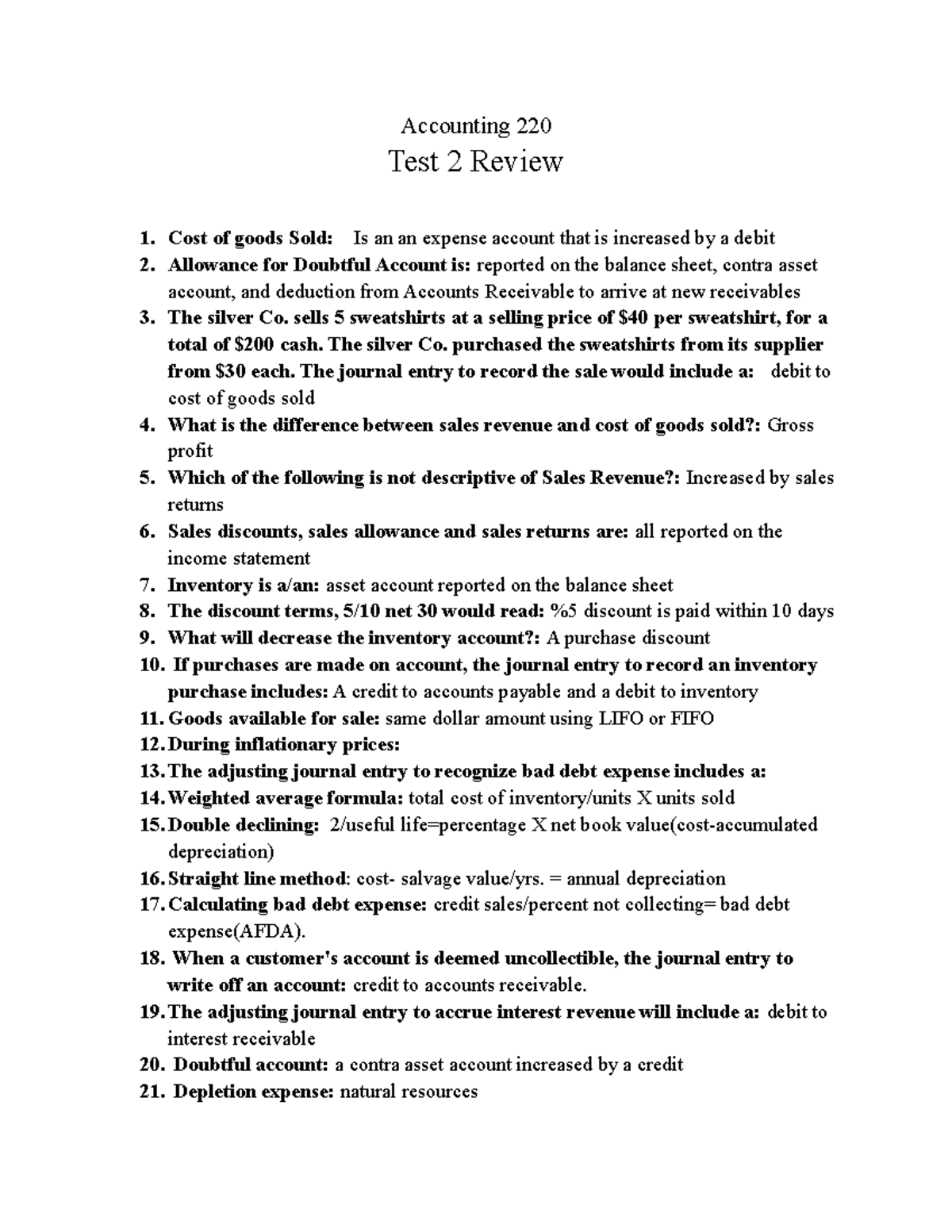 Accounting Test 2 Review - Accounting 220 Test 2 Review Cost Of Goods ...