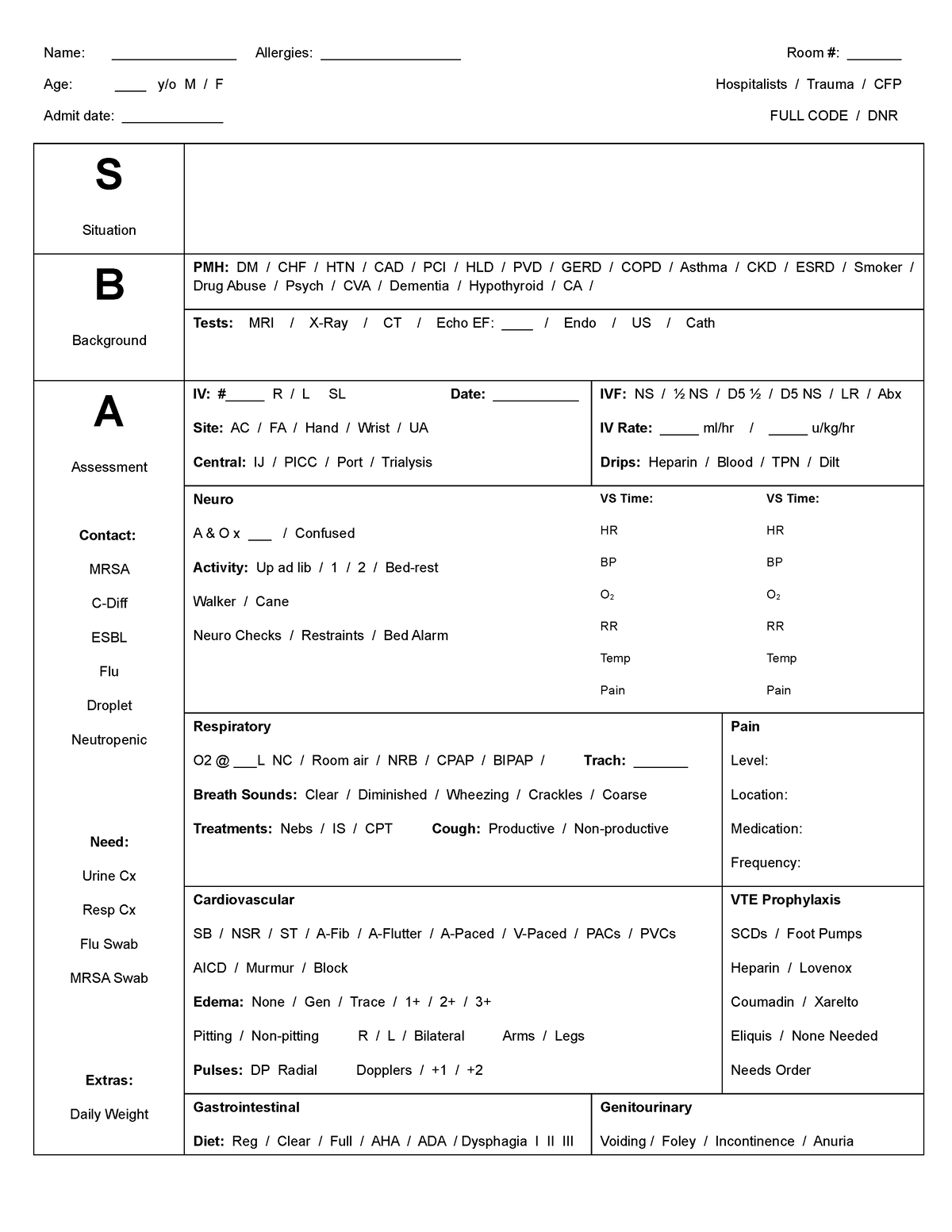 SBAR report Sheet revised - Name: ________________ Allergies ...