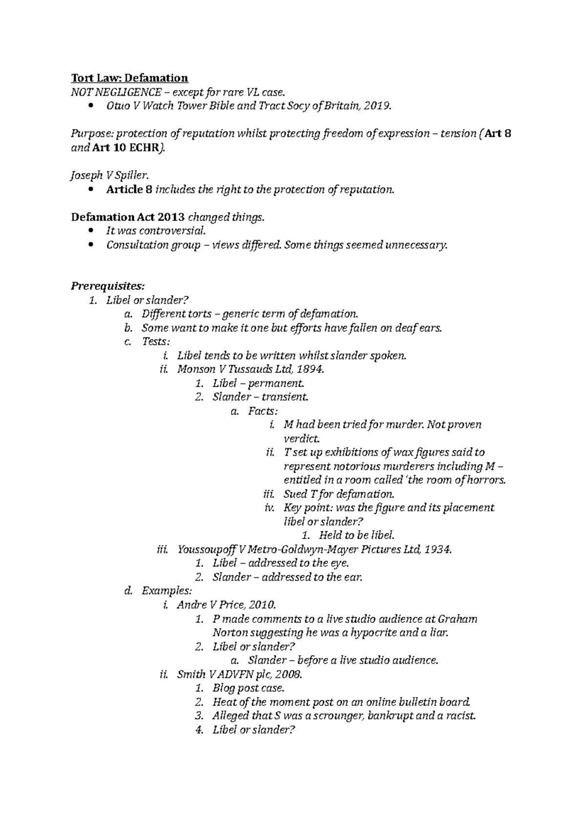 Tort law - defamation - Tort Law: Defamation NOT NEGLIGENCE – except ...