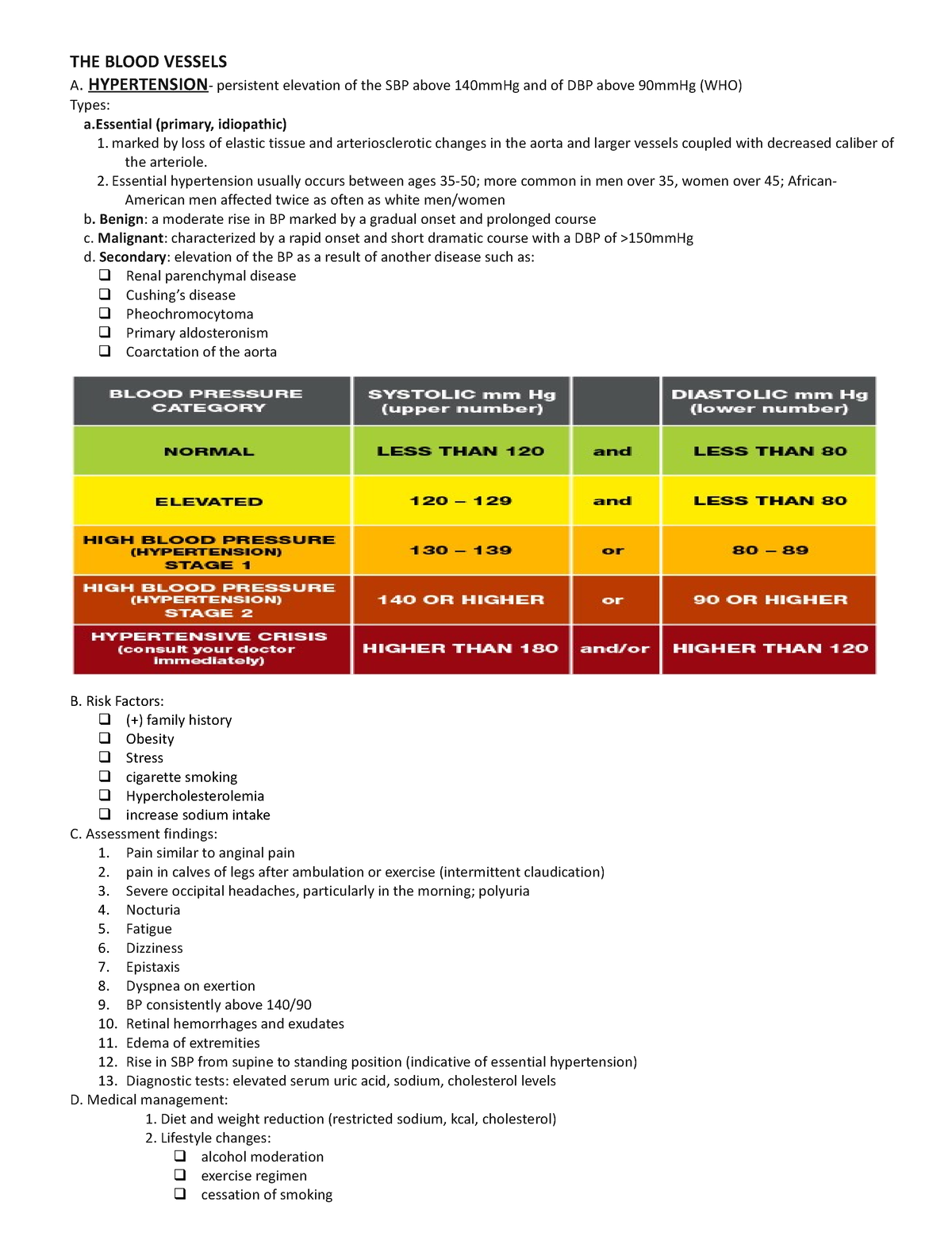 THE Blood Vessels - lecture notes - THE BLOOD VESSELS A. HYPERTENSION ...