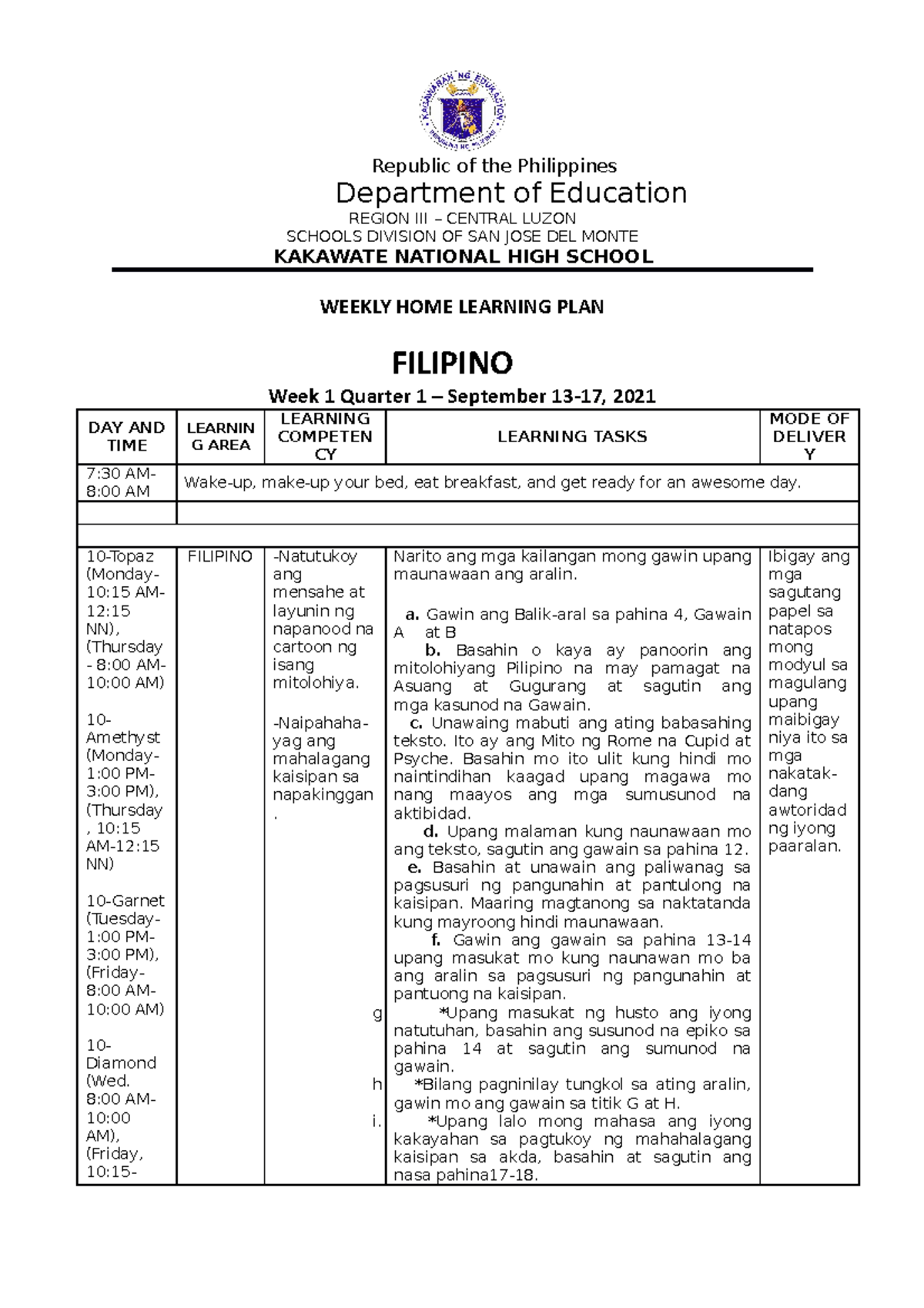 Fil10WHLP Week 1-3 Quarter 1 - Republic Of The Philippines Department ...