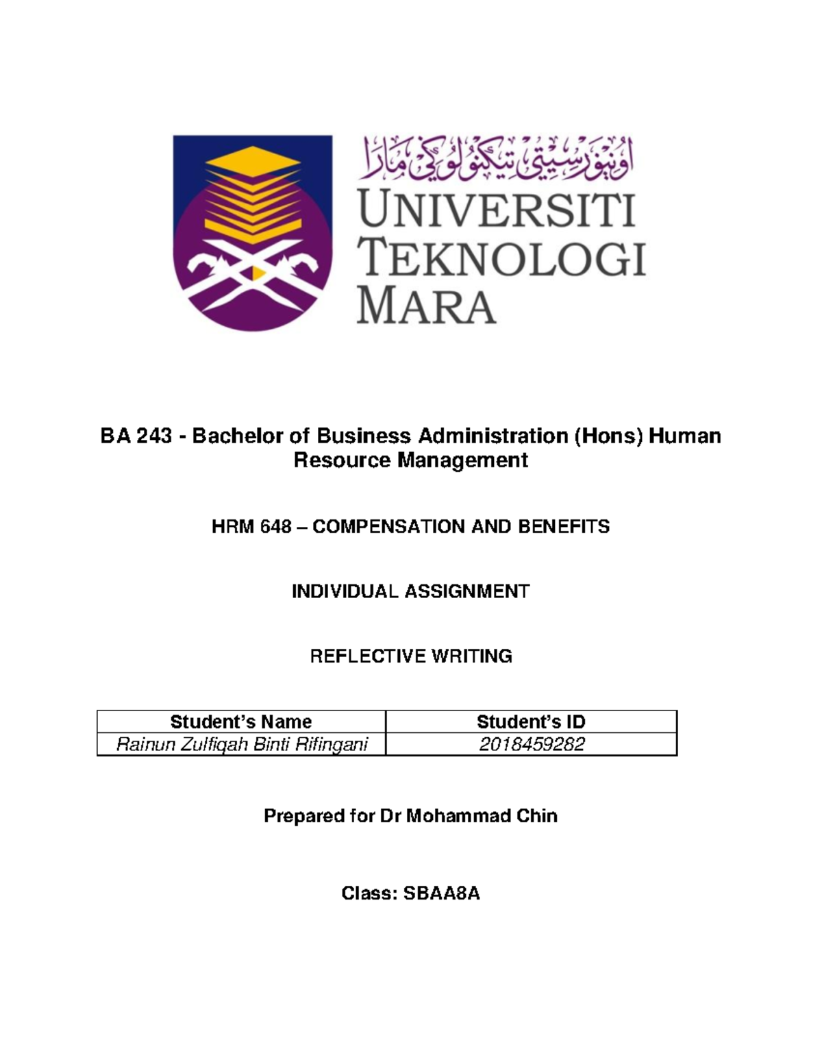 HRM648-BA243N- Individual Reflective Writing - BA 243 - Bachelor of ...