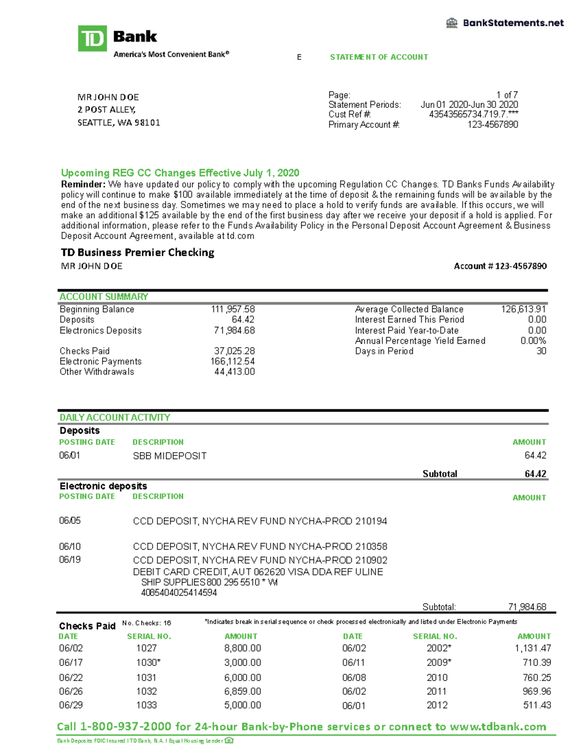 td bank account number on statement