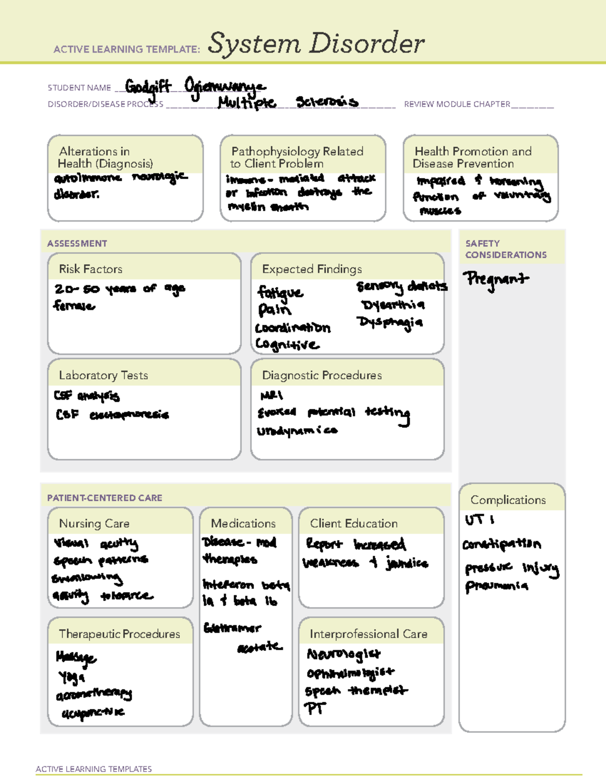 Med Surg CMS Remediation - System Disorder STUDENT NAME