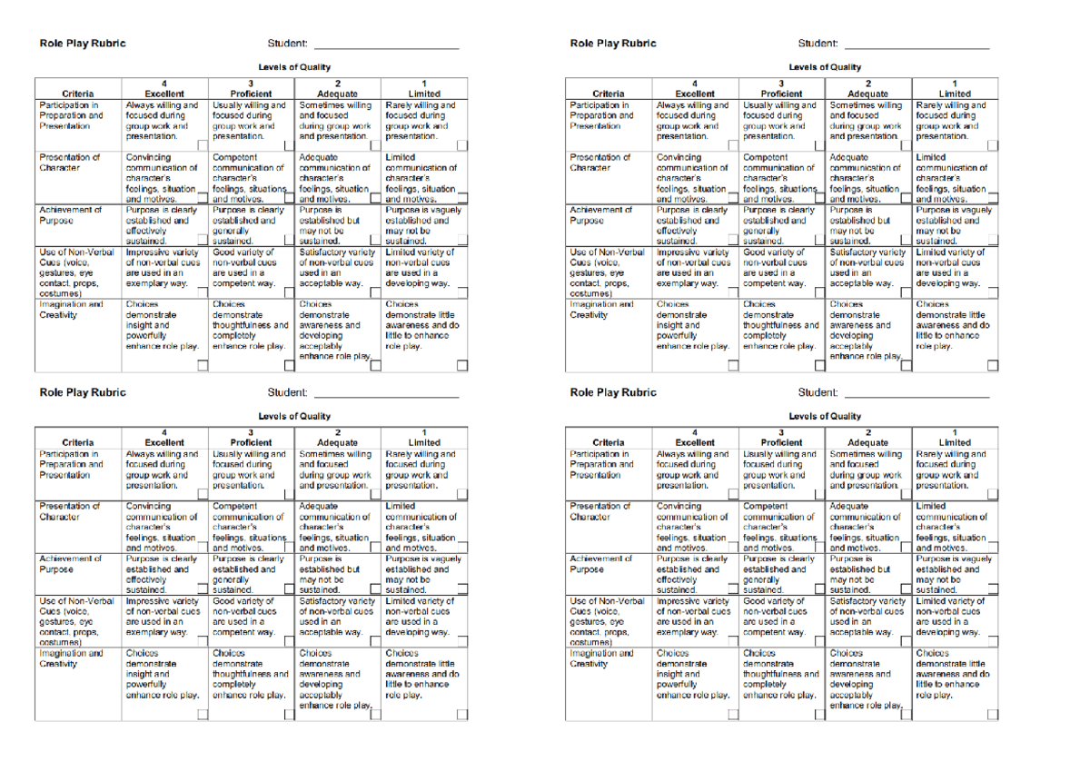 Role play rubrics - nnnnn - Role Play Rubric Student: Role Play Rubric ...