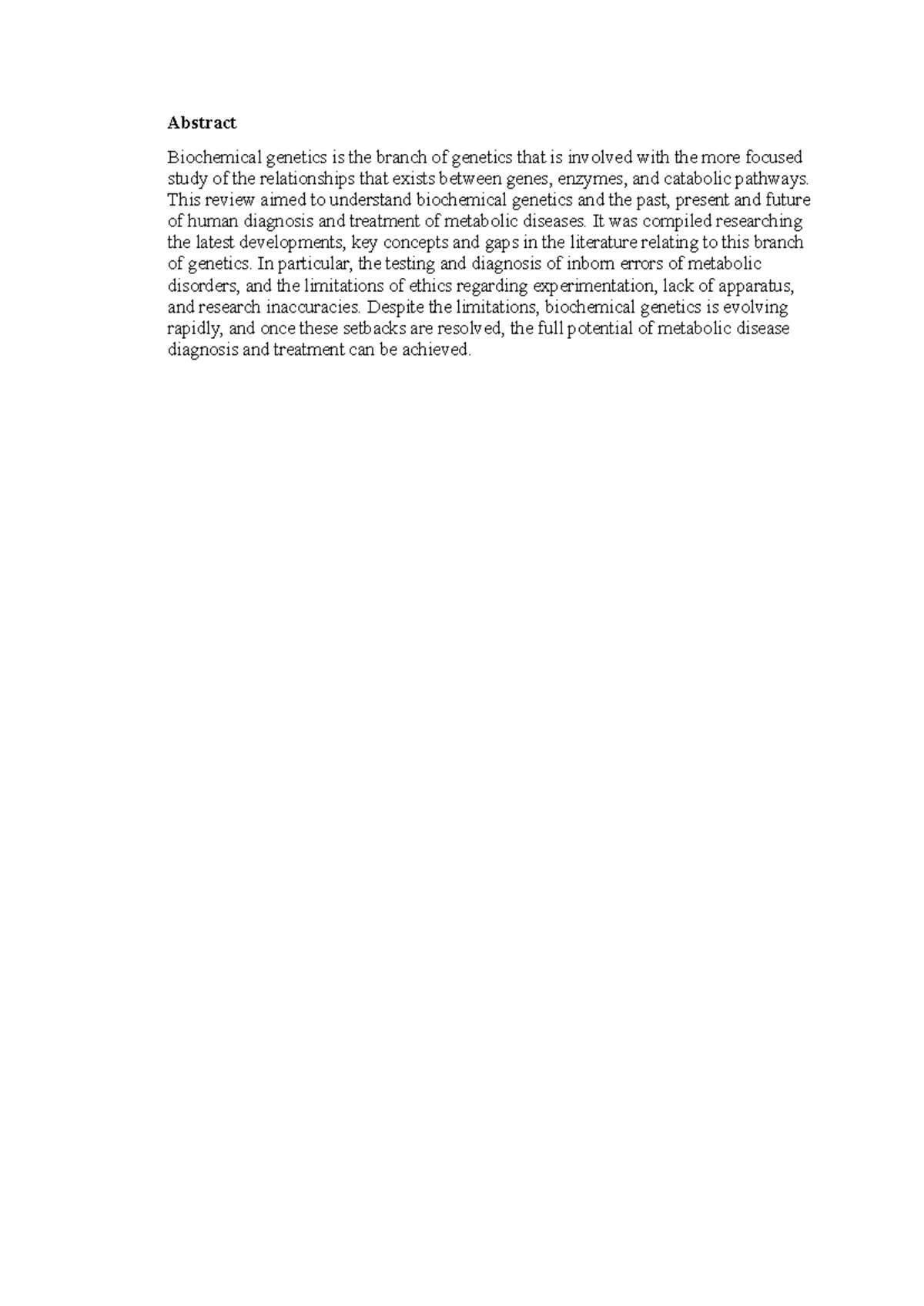 laboratory reports - Abstract Biochemical genetics is the branch of ...