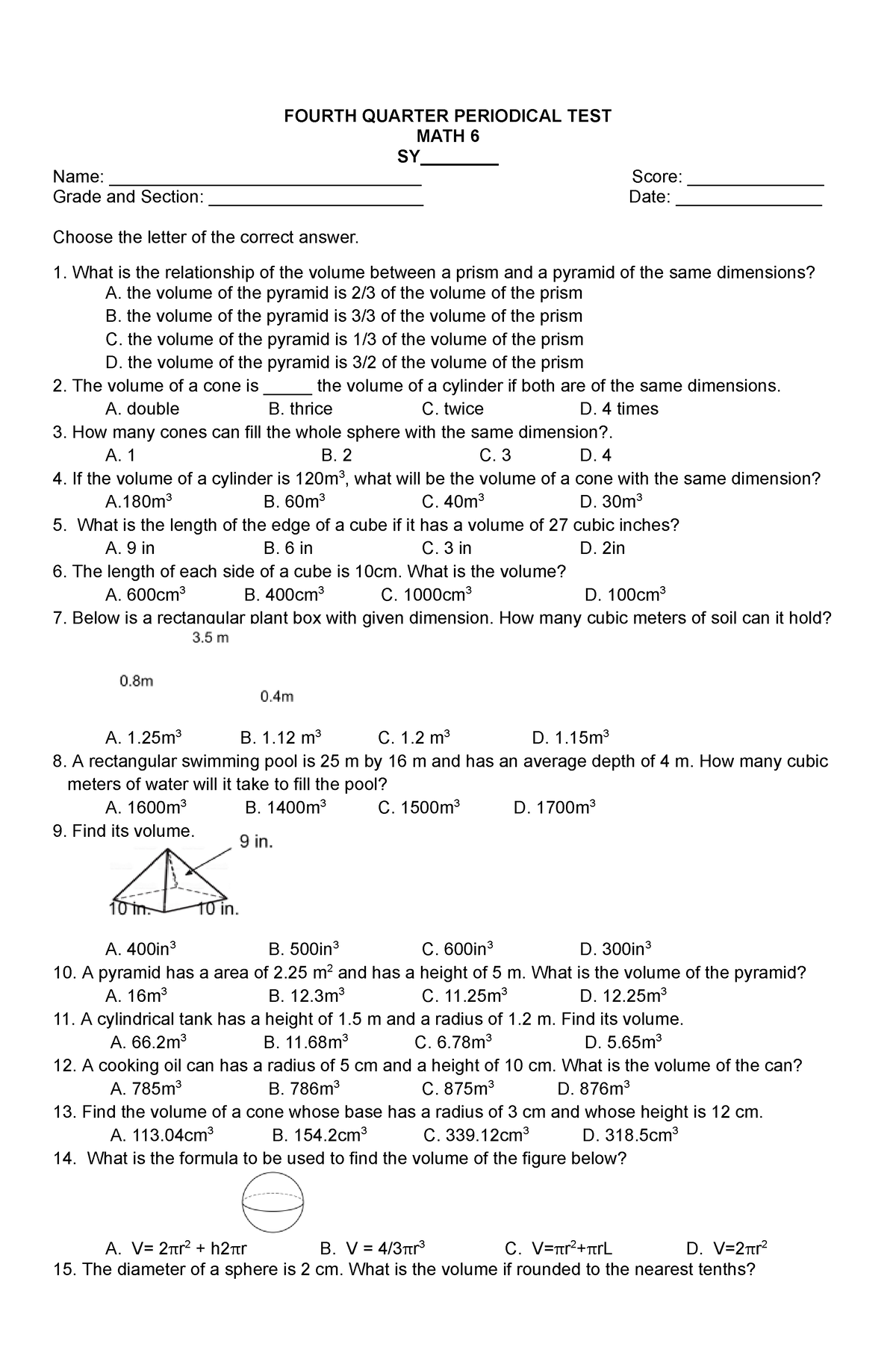 Periodical Test MATH 6 - 4th Quarter V1 - FOURTH QUARTER PERIODICAL ...