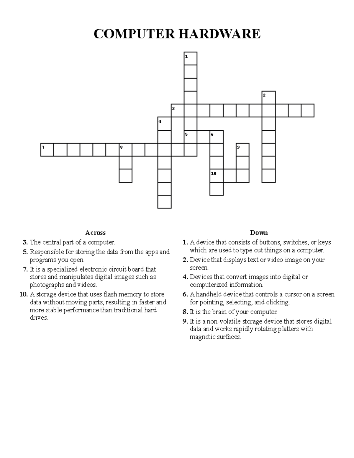 Crossword Puzzle COMPUTER HARDWARE Across 3. The central part of a