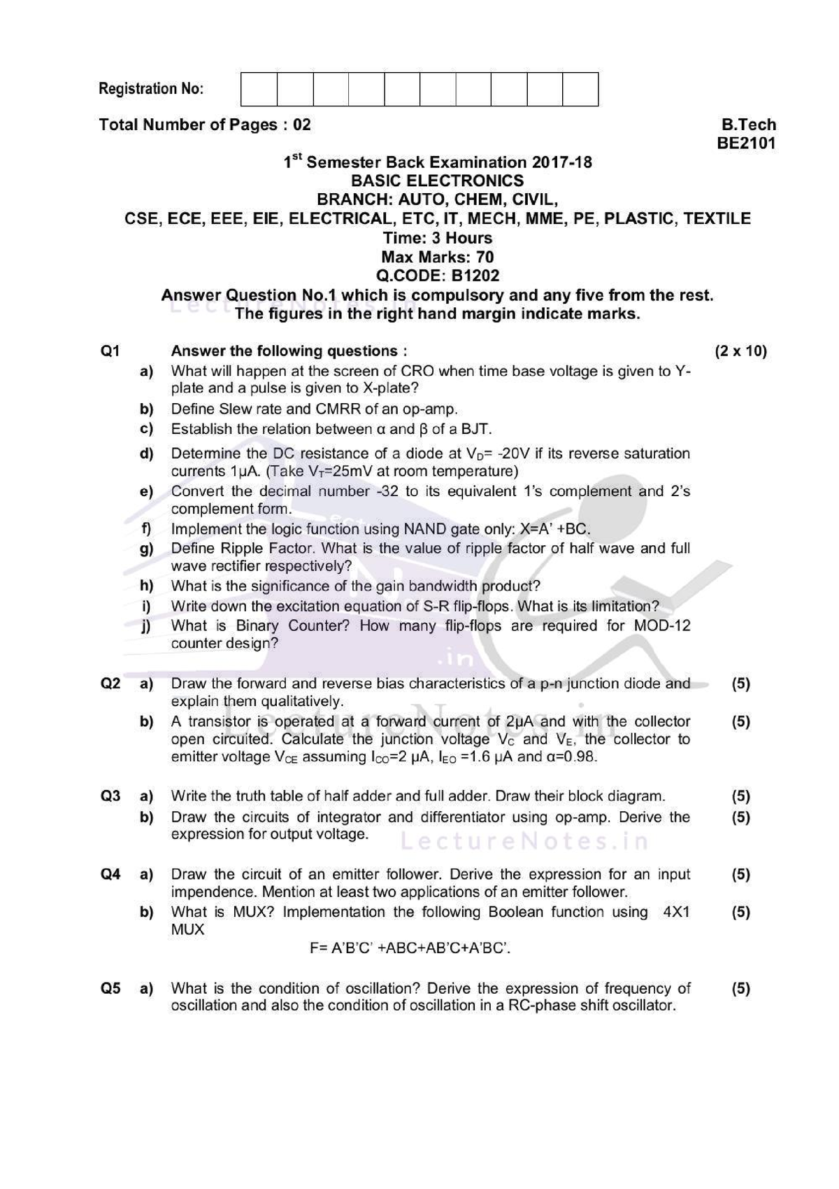 Previous Year Exam Questions Basic Electronics Bput BE Lecture Notes ...