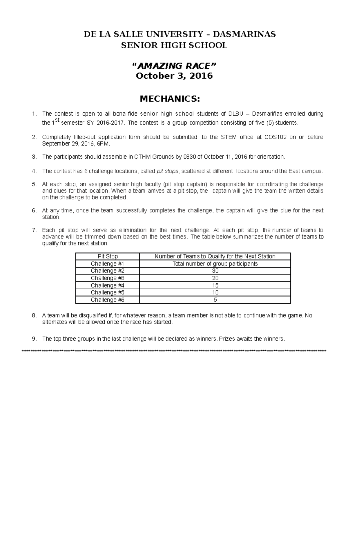 Amazing Race Mechanics - DE LA SALLE UNIVERSITY – DASMARINAS SENIOR HIGH  SCHOOL “AMAZING RACE” - Studocu