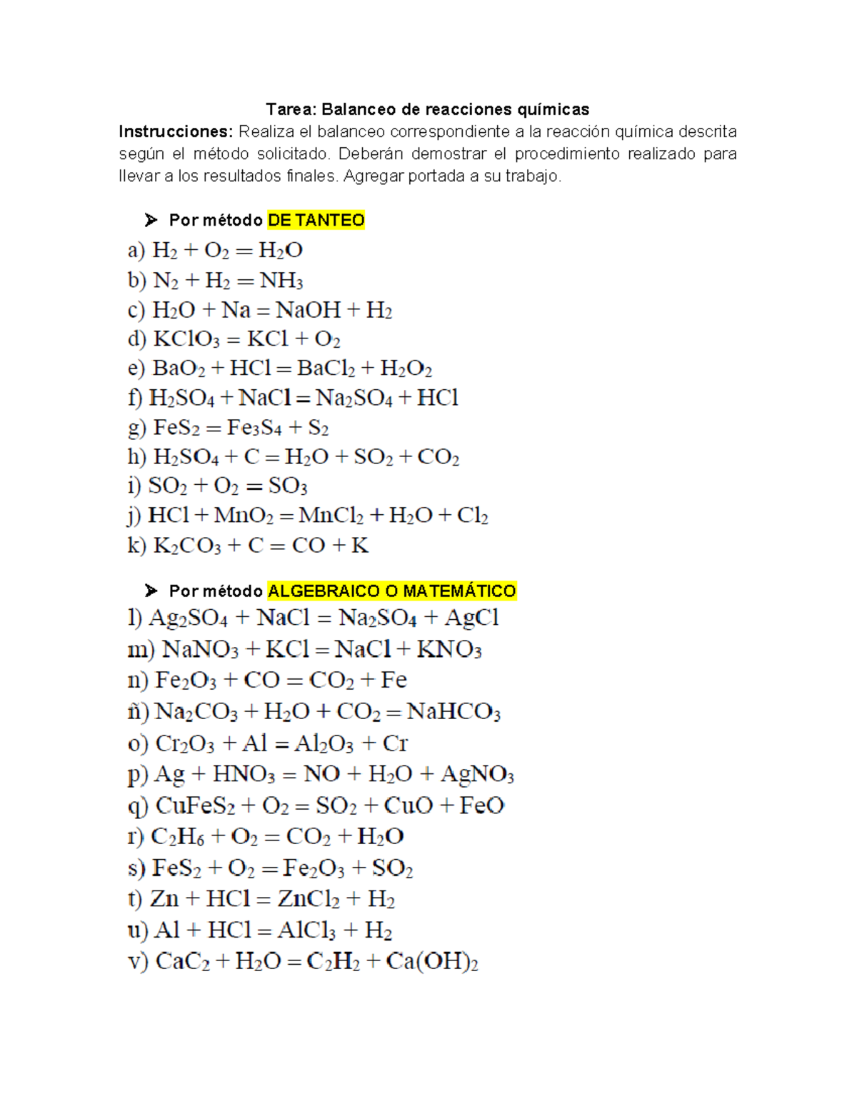 Tarea Balanceo de Ecuaciones Químicas - Quimica - Tarea: Balanceo de ...