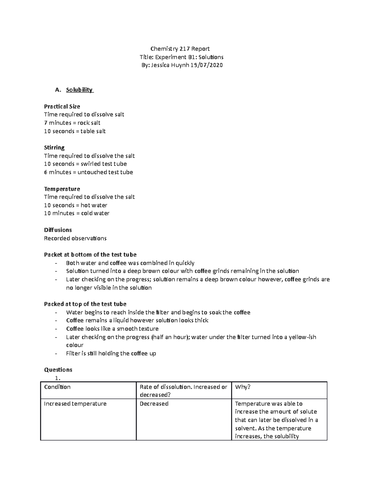 Chem Lab B1 - AU - Chemistry 217 Report Title: Experiment B1: Solutions ...