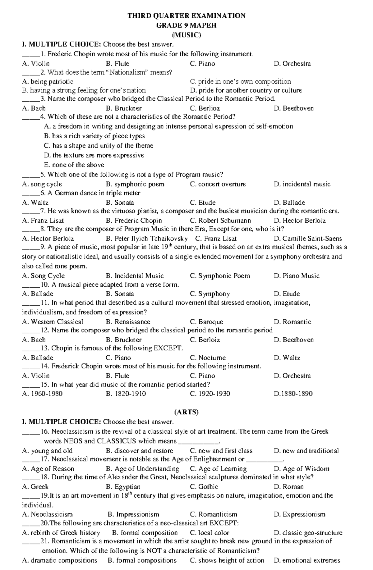 3rd-periodic-test-mapeh-9 Compress - THIRD QUARTER EXAMINATION GRADE 9 ...